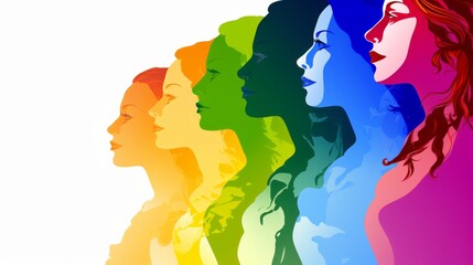 Wall Mural - Group of multicultural diversity women and girls face silhouette profile. Female social network community of diverse culture. Business woman. Set template poster. Spectrum rainbow colors