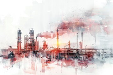 Canvas Print - A painting of a factory with smoke coming out of it. Suitable for industrial and environmental themes