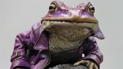 Poster - Close-up shot of a frog wearing a purple jacket. Suitable for various design projects