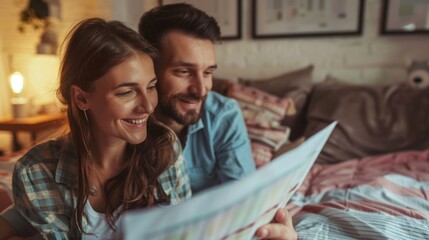 Poster - A man and woman studying a map on a bed, suitable for travel themes