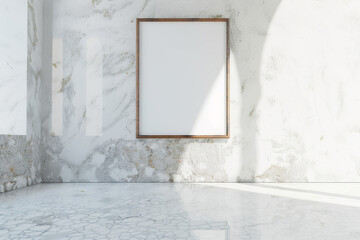 Wall Mural - Ultra high definition 3D render of a blank mockup frame in a room with a white wall and an alabaster floor. High-quality image.