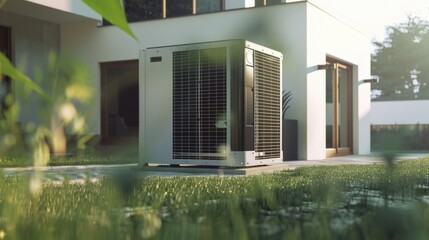 Poster - An air conditioner unit placed in outdoor grass area. Suitable for home improvement projects