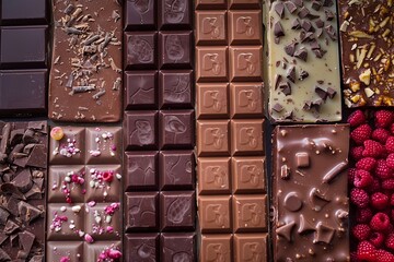 Aufkleber - Various chocolate bars and fresh raspberries neatly arranged on display at a confectionery. Generative AI