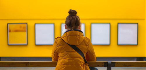 Wall Mural - Casual girl in a gallery, focusing on empty canvases, with a vibrant mustard yellow background.