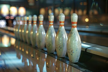 Poster - Row of bowling pins on a bowling alley. Perfect for sports or leisure concept