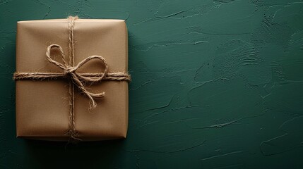 A classic brown gift box with a blank text space on a solid green background, simple and natural.