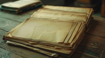 Poster - A stack of old papers on a wooden table, perfect for vintage themes and history projects