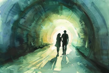Poster - A painting of two individuals walking through a tunnel. Suitable for illustrating teamwork or journey concepts