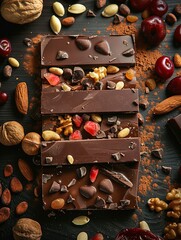 Aufkleber - Detailed close-up of a chocolate bar loaded with various nuts, showcasing rich textures and natural ingredients. Generative AI