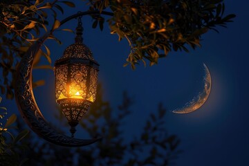 Poster - A lantern hanging from a tree with the moon in the background. Suitable for outdoor and nature-themed designs