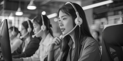 Aufkleber - A woman sitting at a computer wearing a headset. Ideal for illustrating customer service or remote work