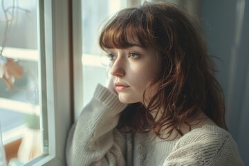 Aufkleber - A woman looking out a window with her hand on her chin. Suitable for various lifestyle and introspection concepts