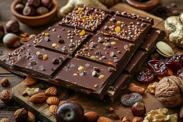 Aufkleber - Detailed close-up of a chocolate bar filled with various nuts and dried fruits, showcasing rich textures and natural ingredients. Generative AI