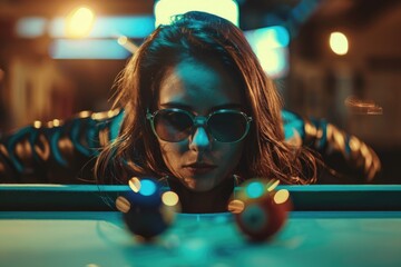 Poster - A woman in sunglasses playing pool. Suitable for sports and leisure concepts