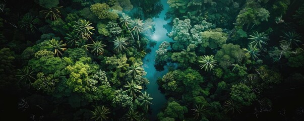 Poster - Aerial view of lush tropical rainforest with a winding river, showcasing diverse vegetation and vibrant green foliage under natural light.