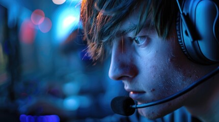 Poster - A man wearing a headset and microphone, suitable for technology or communication concepts