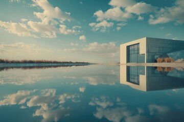 Poster - A striking image of a building reflected in the water. Ideal for architectural and urban design concepts