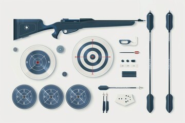 Poster - Various shooting items displayed on a white background. Suitable for sports and leisure concepts