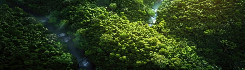 Poster - Aerial view of lush green forest canopy with bright sunlight filtering through, creating a serene and tranquil natural scene.