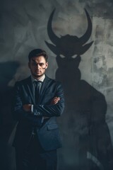 Poster - Businessman standing confidently in front of a bull shadow, suitable for business concepts