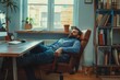 © Fotograf - A man laying on a chair in front of a computer. Suitable for technology and relaxation concepts