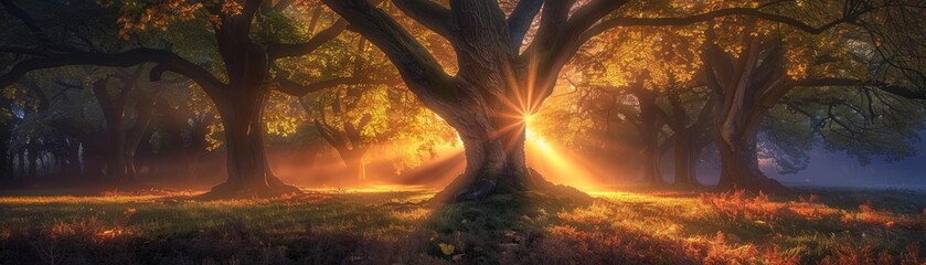 Poster - Sunlight filters through ancient trees in a mystical forest, casting a warm glow and creating a serene, magical atmosphere.