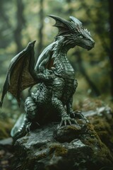 Poster - A majestic dragon statue perched on a rocky outcrop. Ideal for fantasy-themed designs