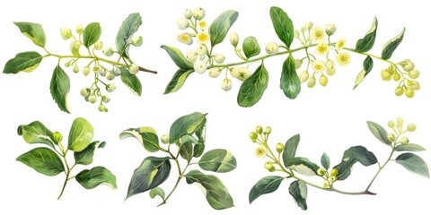 Poster - Vibrant green leaves and colorful flowers against a clean white backdrop. Ideal for nature-themed designs