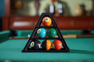 Poster - A pyramid of billiard balls on a pool table. Ideal for sports and leisure concepts