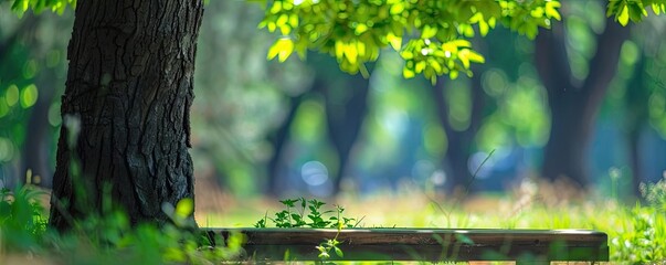 Poster - Tranquil park bench under lush green trees in a sunlit forest clearing, perfect for a peaceful nature escape.