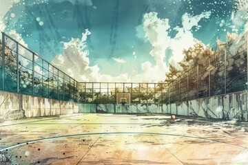 Poster - A painting of a basketball court with a beautiful sky background. Suitable for sports events or outdoor activities