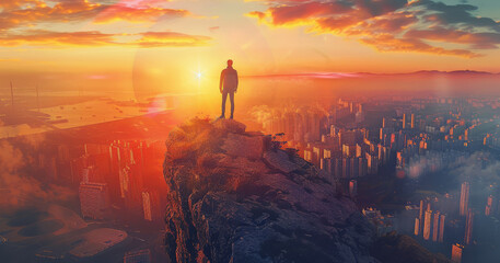 Aufkleber - A man stands on the top of a mountain and looks down on the city, the Sun is shining, beautiful colors, minimalism. Generative AI.