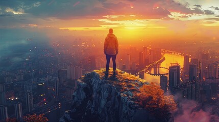 Poster - A man stands on the top of a mountain and looks down on the city, the Sun is shining, beautiful colors, minimalism. Generative AI.