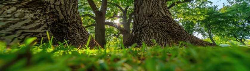 Poster - Peaceful forest scene with sunbeams filtering through green leaves, focusing on trees and grass. A serene nature landscape.