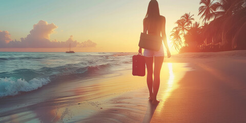 A woman is walking on the beach with a suitcase