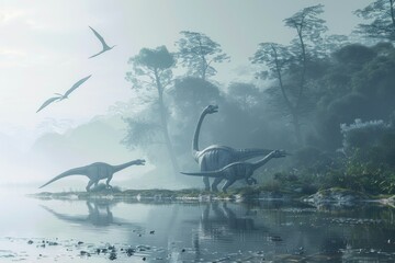 Poster - Group of dinosaurs standing near a body of water, suitable for educational materials
