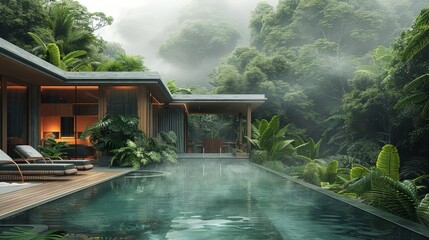 Wall Mural - the swimming pool in front of an open wooden terrace surrounded by lush tropical vegetation, a minim