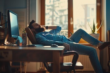 Poster - A man sitting in a chair in front of a computer screen. Suitable for technology concept