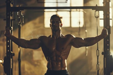 Aufkleber - A man performing a pull up exercise in a gym. Suitable for fitness and workout concepts