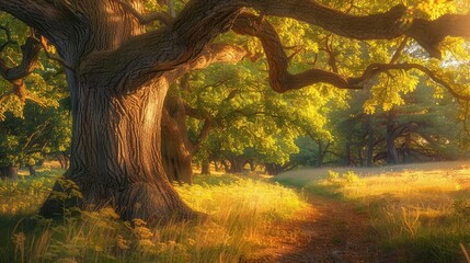Poster - Majestic oak tree in a sunlit forest meadow, dappled with golden light, creating a serene and inviting natural scene.