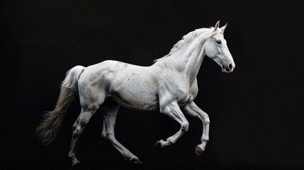 Poster - Majestic white horse galloping on a dramatic black background. Suitable for equestrian or fantasy themed projects
