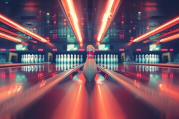 Poster - A single bowling ball on a bowling alley, suitable for sports and recreation concepts