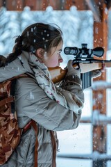 Poster - A woman aiming with a rifle in the snow, perfect for outdoor activities
