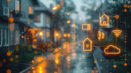 Leinwandbilder - A smart home system with icons and symbols of various appliances, technology elements such as lightning bolts or digital connections on the glass surface of an outdoor building facade. Generative AI.