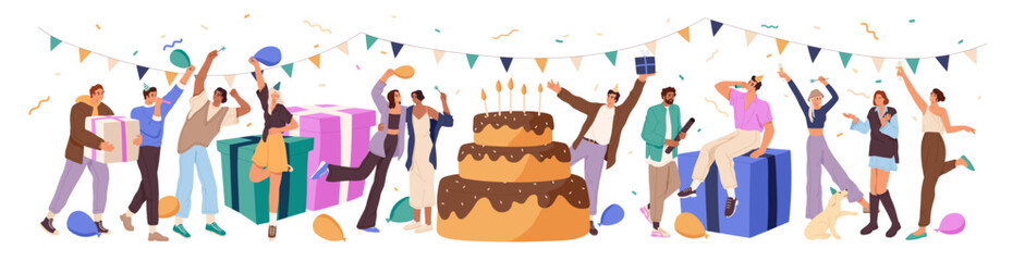 Happy people have fun at birthday party. Friends celebrate anniversary with festive cake, gifts and confetti. Congratulation with holiday concept. Flat isolated vector illustration on white background