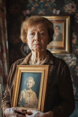 Poster - Elderly woman holding a picture of a man, suitable for family concept designs