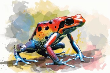 Poster - A vibrant painting of a frog on a plain white backdrop. Ideal for educational materials or nature-themed designs