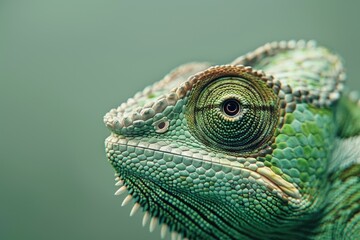Poster - Close-up of a green chameleon's face, suitable for nature and animal themes