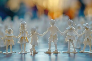 Poster - Paper people holding hands on a table, suitable for team building concepts