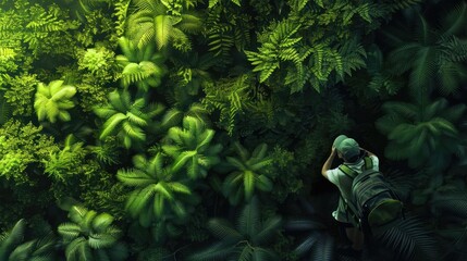 Poster - A person explores a lush, green jungle, surrounded by dense foliage and vibrant leaves. Perfect for adventure and nature-themed projects.
